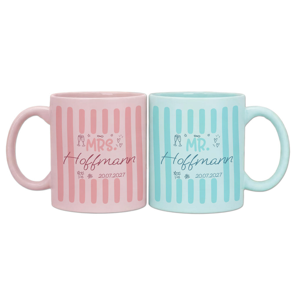 Personalisiertes Mr & Mrs Tassenset mit Nachnamen und Hochzeitsdatum