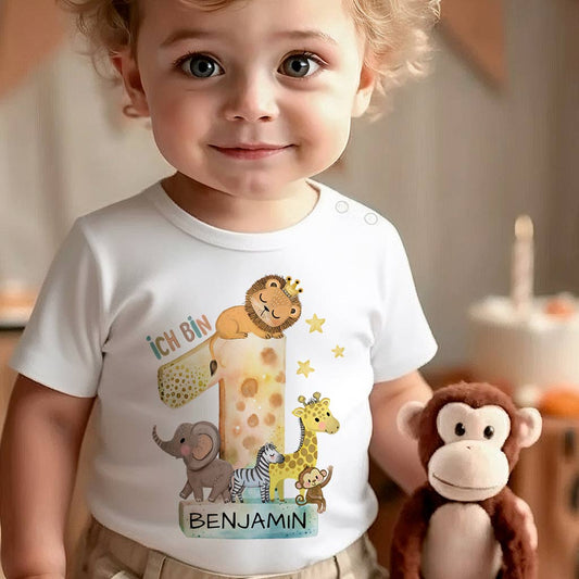 Personalisiertes T-Shirt aus Baumwolle zum 1. Geburtstag mit Safari-Tieren und dem Namen 'Benjamin'
