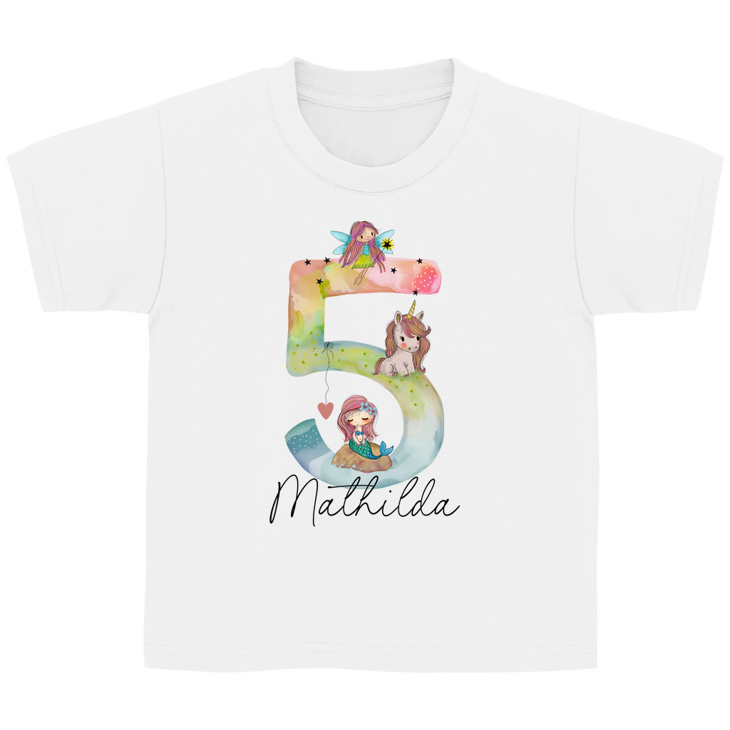 Das Aquarell-Geburtstagsshirt – Personalisiert mit Namen & Alter, mit Fee, Meerjungfrau und Unicorn
