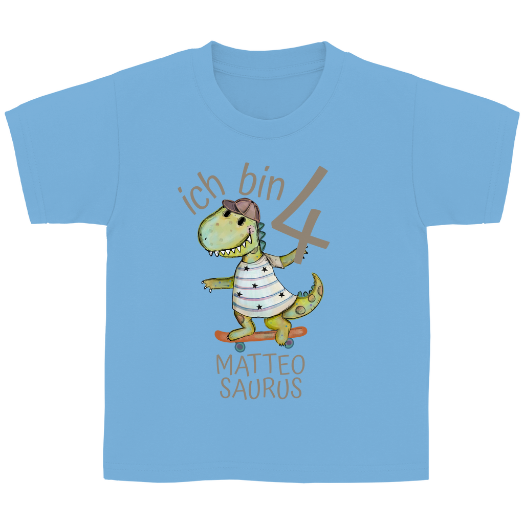 Nahaufnahme des handgezeichneten Dino-Drucks auf einem Baumwoll-T-Shirt