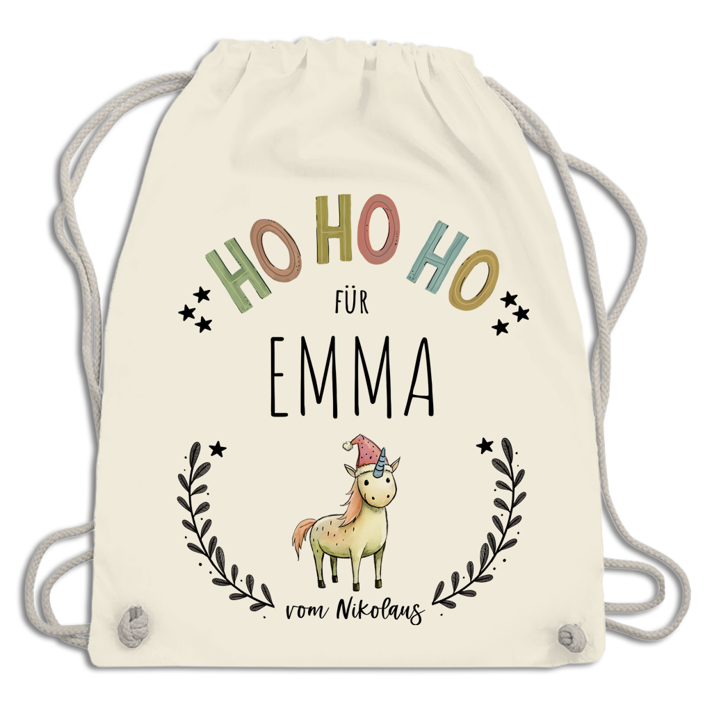 Ein mit Geschenken befüllbarer, personalisierter Weihnachtsbeutel mit Einhorn-Motiv