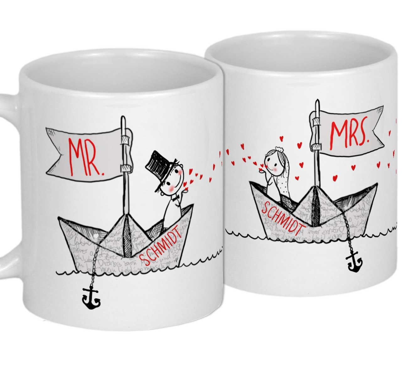 HOCHZEITSGESCHENK Hochzeitspaar im Papierboot auf 2 Tassen personalisi – My Sweetheart