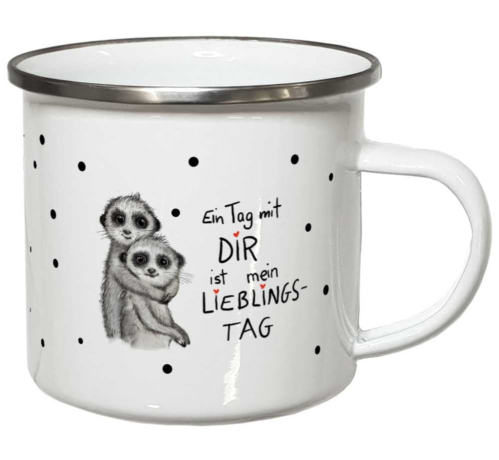 Emaille Becher Geschenkartikel Erdmännchen Tasse mit Sprüchen Spruch Geschenk Emailletasse Campingbecher