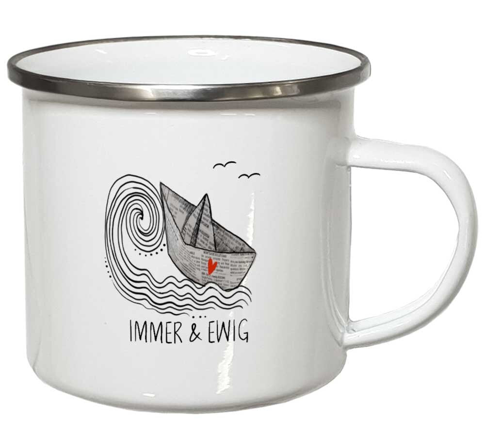 Emaille Becher PERSONALISIERBARE Tasse mit Papierboot Paargeschenke Valentinstag Geschenke Männer Hochzeitsgeschenk Frauen