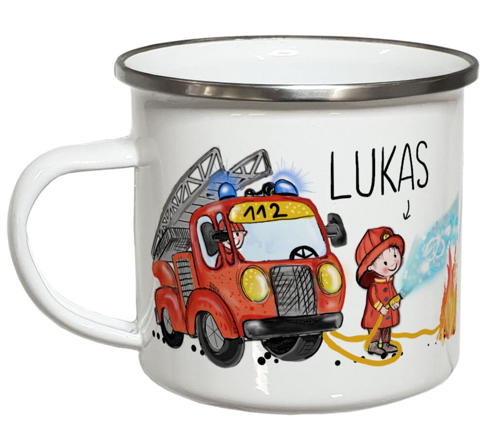 Feuerwehr Geschenk Tasse mit Namen Kindertasse Emaille Becher Kinder PERSONALISIERT Feuerwehrmann Feuerwehrauto