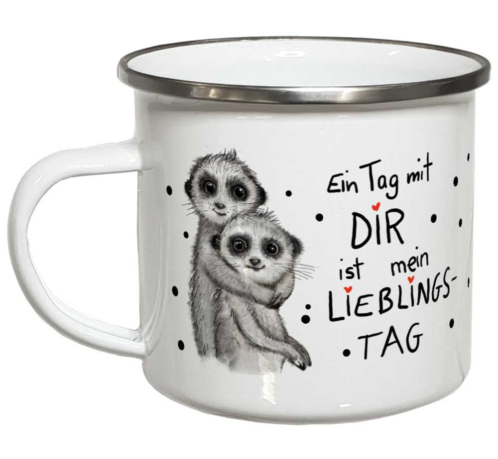 Emaille Becher Geschenkartikel Erdmännchen Tasse mit Sprüchen Spruch Geschenk Emailletasse Campingbecher