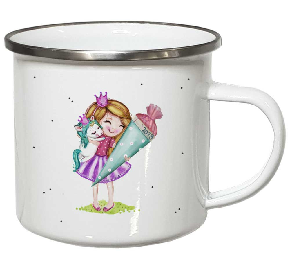 Geschenk Einschulung Mädchen mit Einhorn Schulanfang Kindertasse PERSONALISIERT Einschulungsgeschenke Emaille Tasse mit Namen od. Keramik