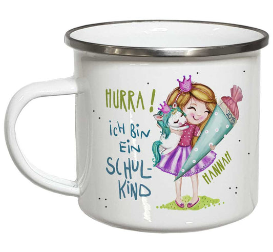 Geschenk Einschulung Mädchen mit Einhorn Schulanfang Kindertasse PERSONALISIERT Einschulungsgeschenke Emaille Tasse mit Namen od. Keramik