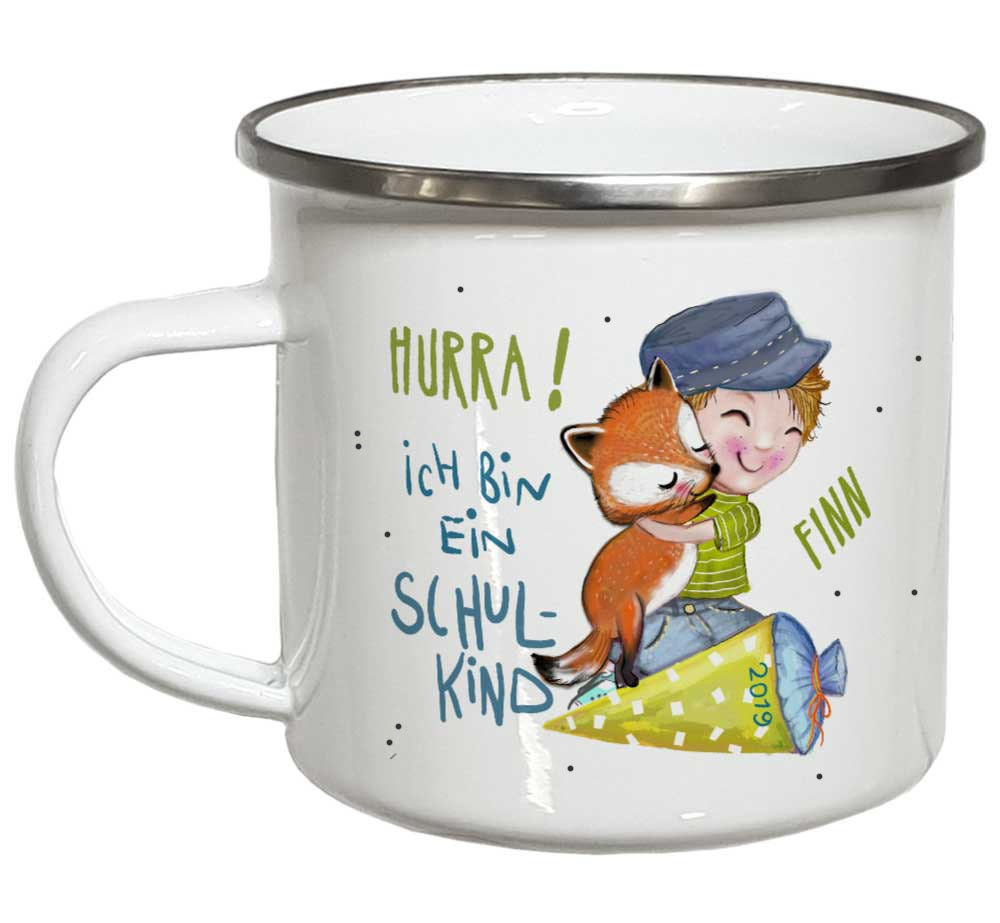 Geschenk Einschulung Junge mit Fuchs Schulanfang Kindertasse PERSONALISIERT Einschulungsgeschenke Emaille Tasse mit Namen