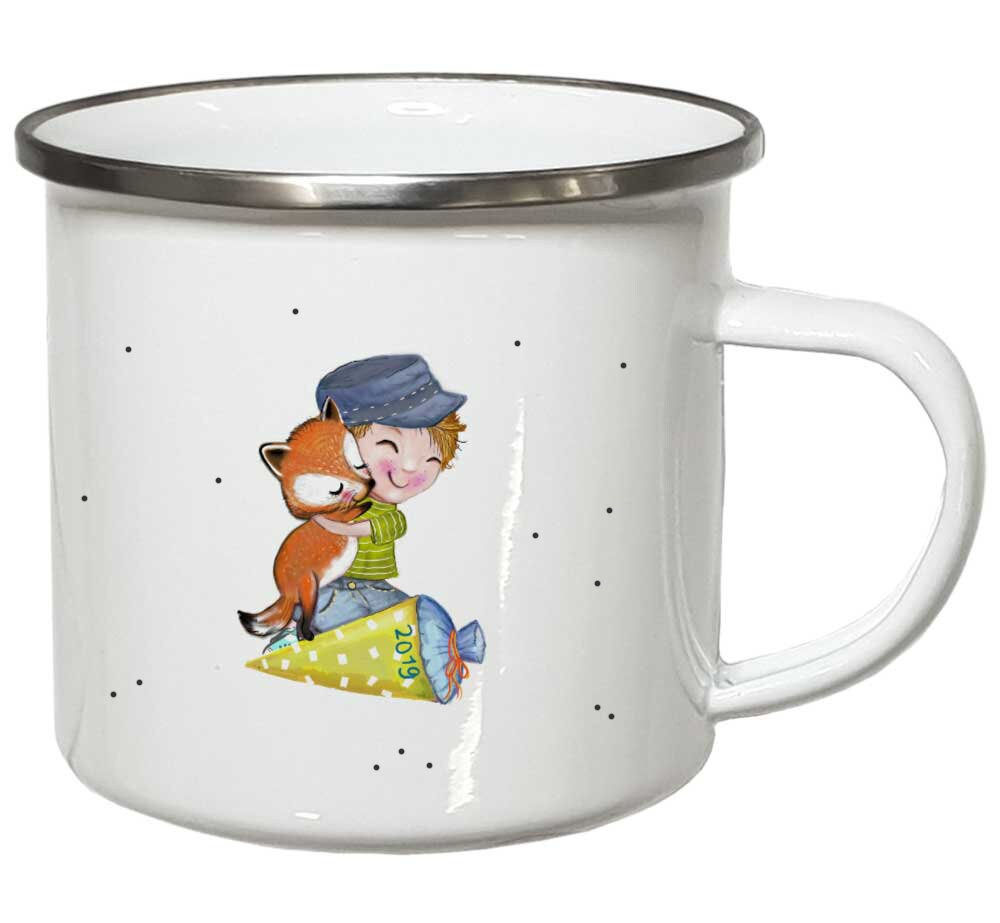 Geschenk Einschulung Junge mit Fuchs Schulanfang Kindertasse PERSONALISIERT Einschulungsgeschenke Emaille Tasse mit Namen