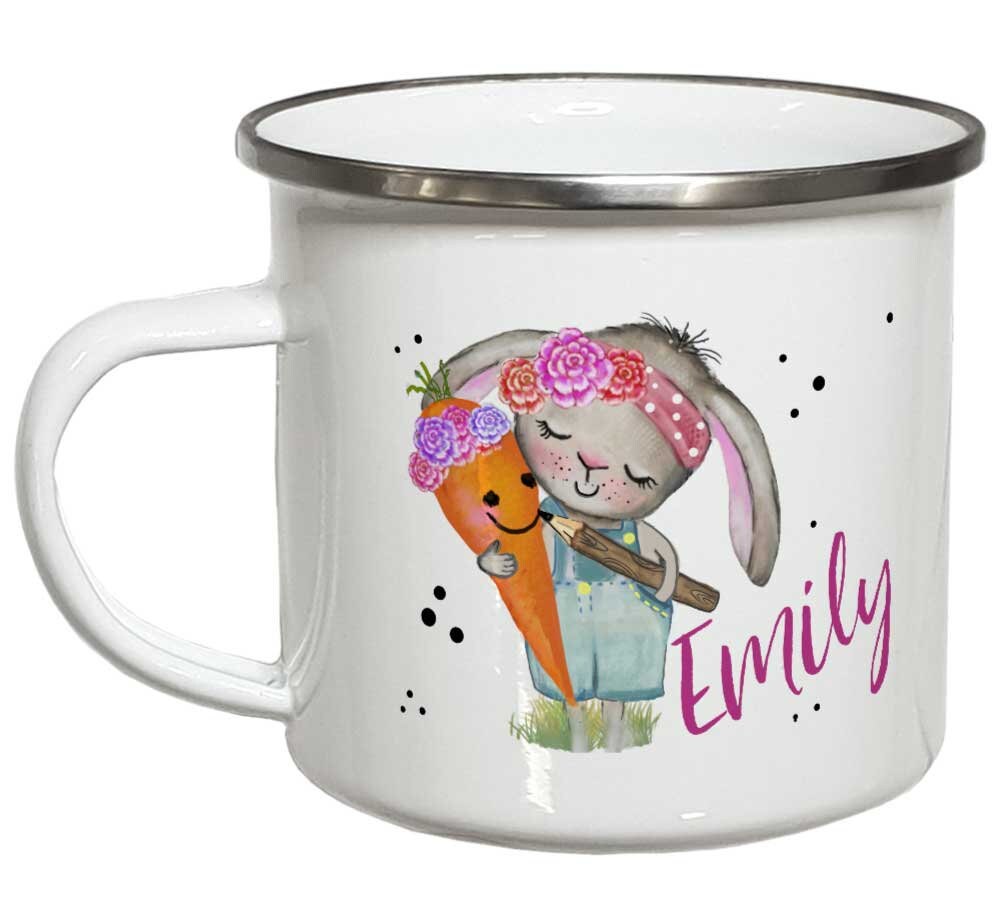 Hase Tasse mit Name Namenstasse Kinder Kindertasse Emaille Becher Emailletasse oder Keramik Kinderbecher personalisiert