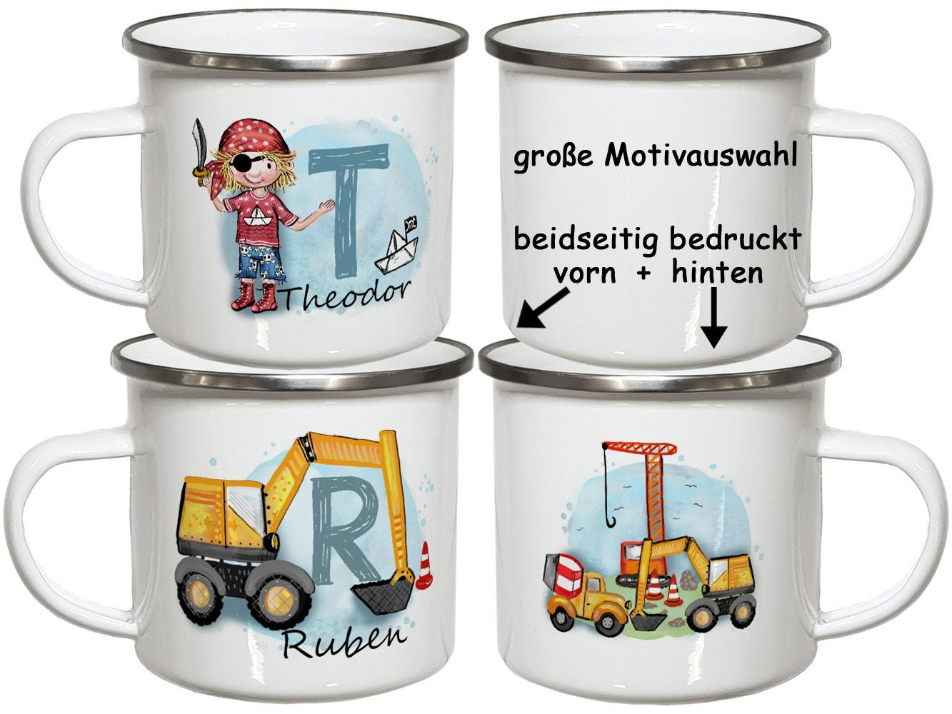 Emaille Kindertasse mit Namen Emaillebecher Kindergeschirr Kinder Geschenke Geburtstag Weihnachtsgeschenk Jungen Kindergartentasse Bagger