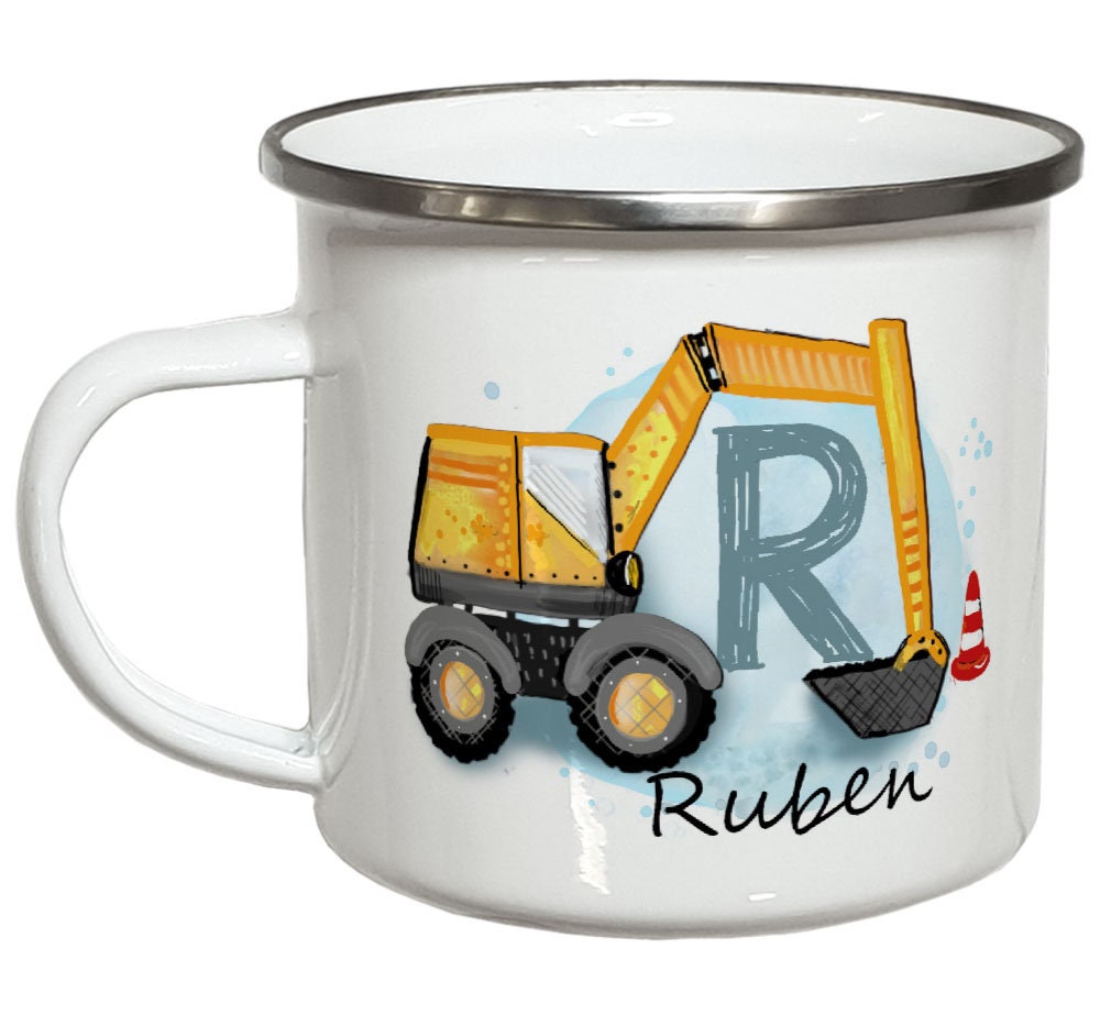 Emaille Kindertasse mit Namen Emaillebecher Kindergeschirr Kinder Geschenke Geburtstag Weihnachtsgeschenk Jungen Kindergartentasse Bagger