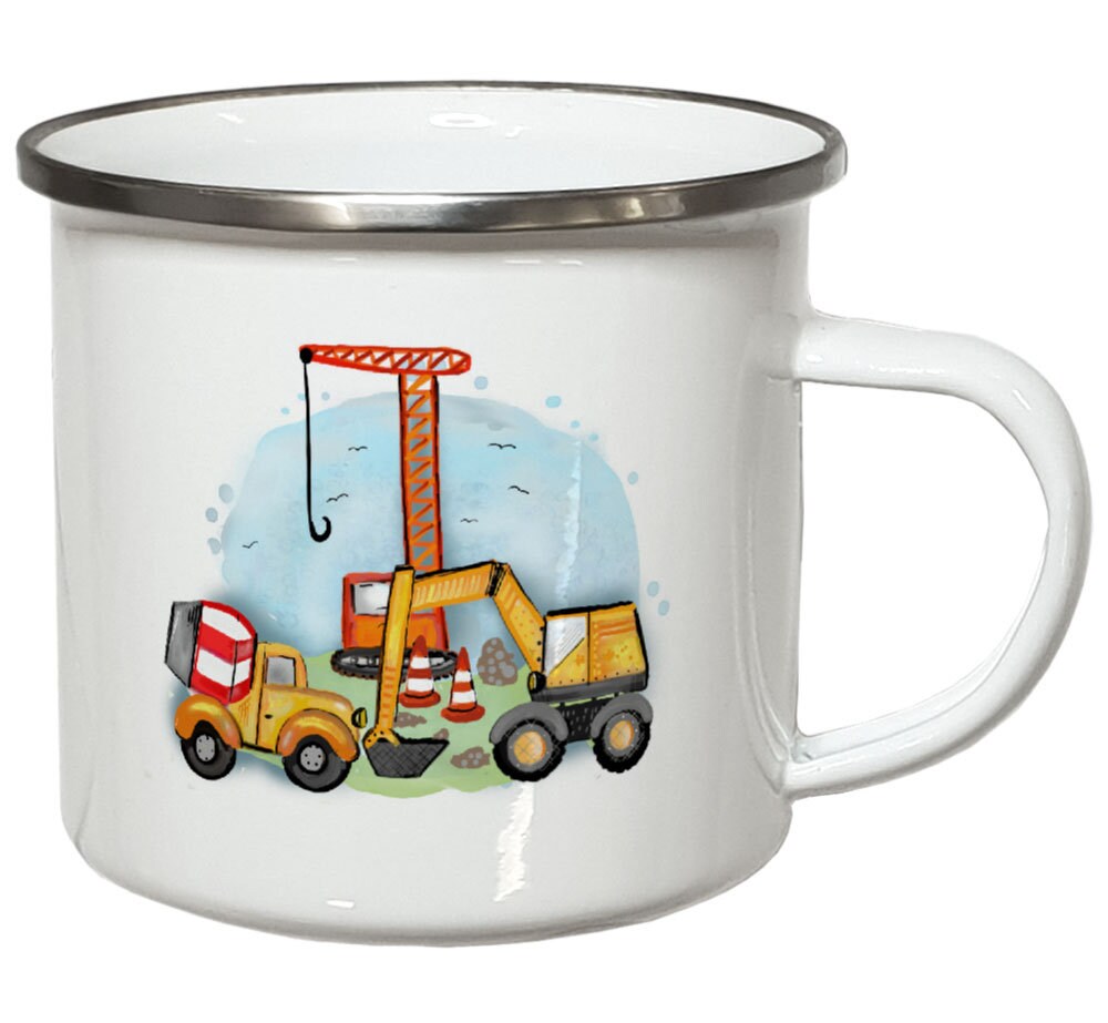 Emaille Kindertasse mit Namen Emaillebecher Kindergeschirr Kinder Geschenke Geburtstag Weihnachtsgeschenk Jungen Kindergartentasse Bagger