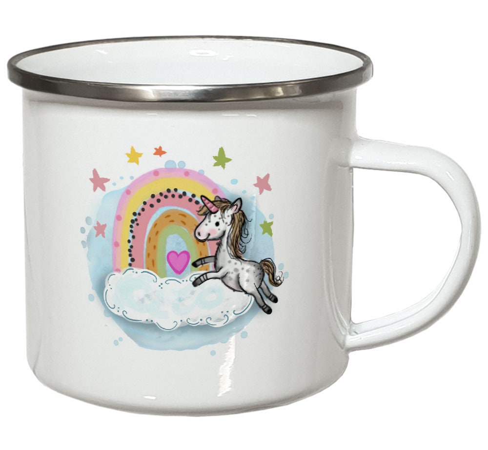 Emaille Kindertasse mit Namen Emaillebecher Kindergeschirr Kinder Geschenke Geburtstag Weihnachtsgeschenk Mädchen Kindergartentasse Einhorn