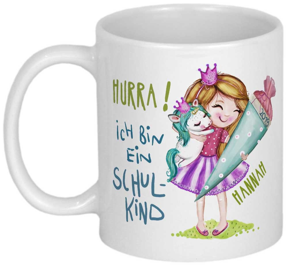 Geschenk Einschulung Mädchen mit Einhorn Schulanfang Kindertasse PERSONALISIERT Einschulungsgeschenke Emaille Tasse mit Namen od. Keramik