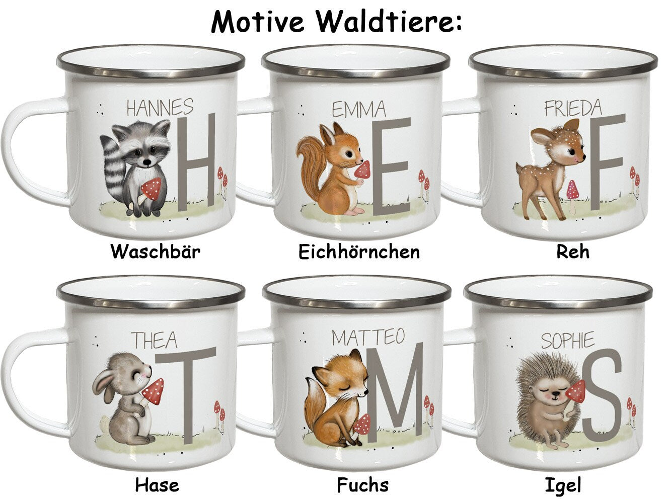 Kindertasse mit Namen Emaille Tasse Kinder Geschenke Geburtstag Weihnachtsgeschenk Kindergartentasse Waldtiere Fuchs Keramik oder Kunststoff