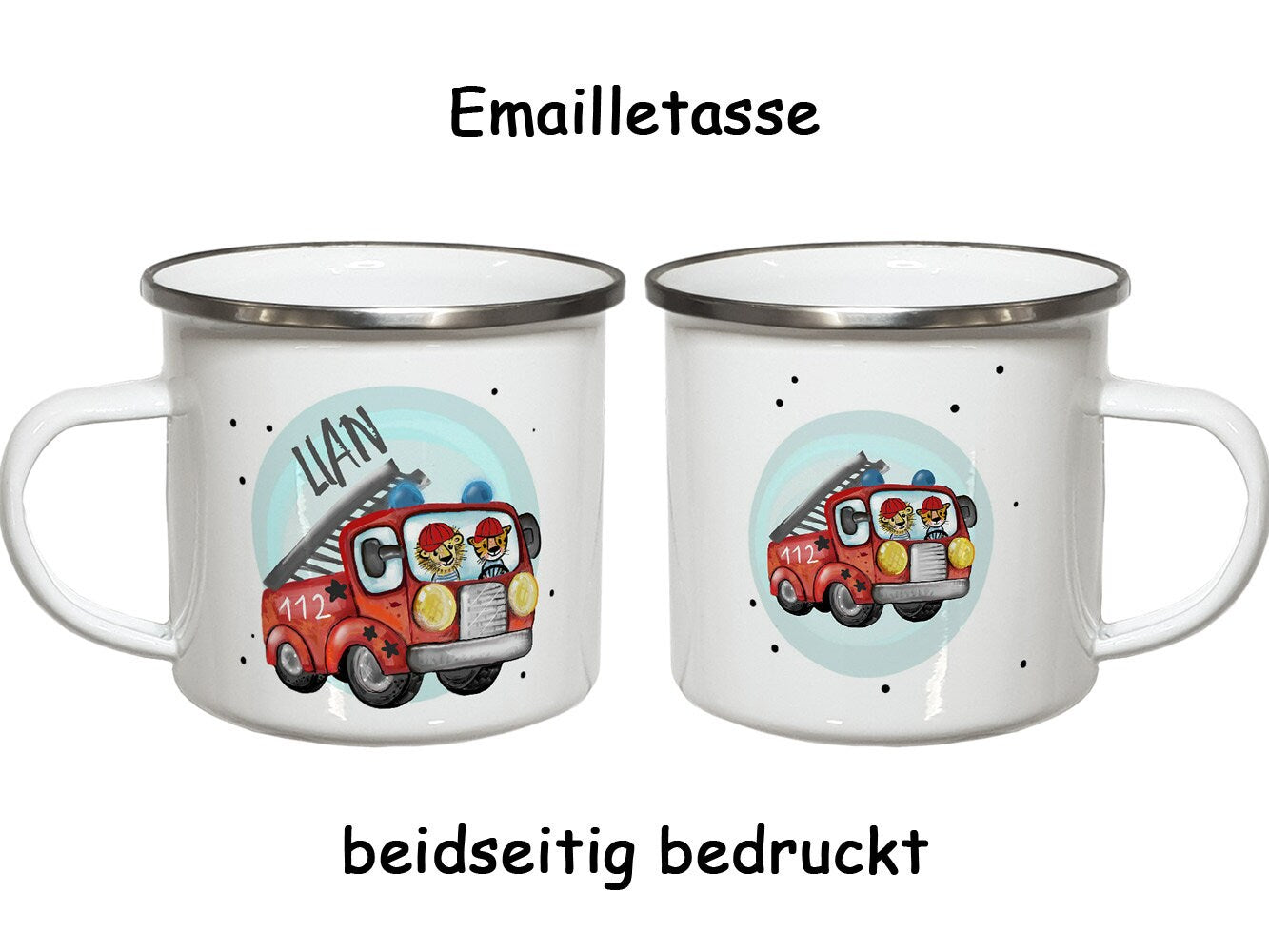 Kindertasse mit Namen Emaille Tasse Kinder Geschenke Geburtstag Weihnachtsgeschenk Polizei Feuerwehr Traktor Bagger auch als Keramiktasse