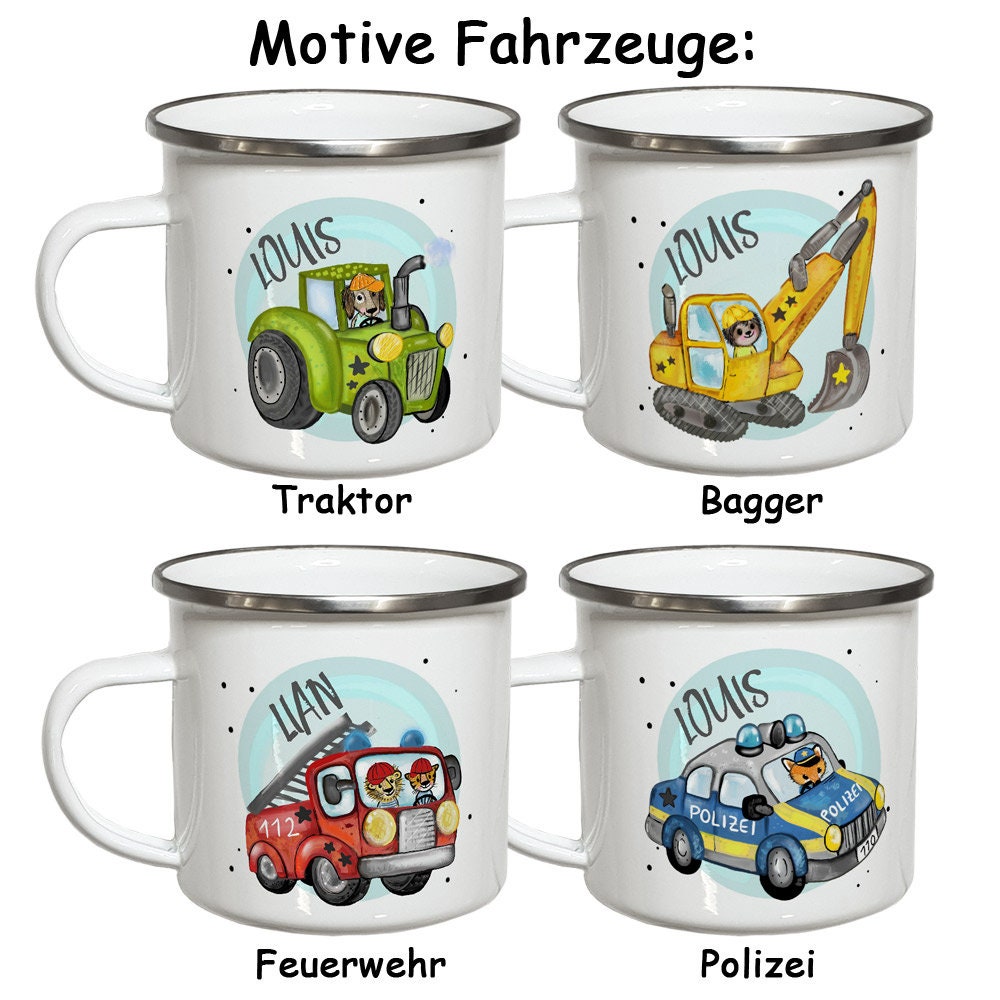 Kindertasse mit Namen Emaille Tasse Kinder Geschenke Geburtstag Weihnachtsgeschenk Polizei Feuerwehr Traktor Bagger auch als Keramiktasse