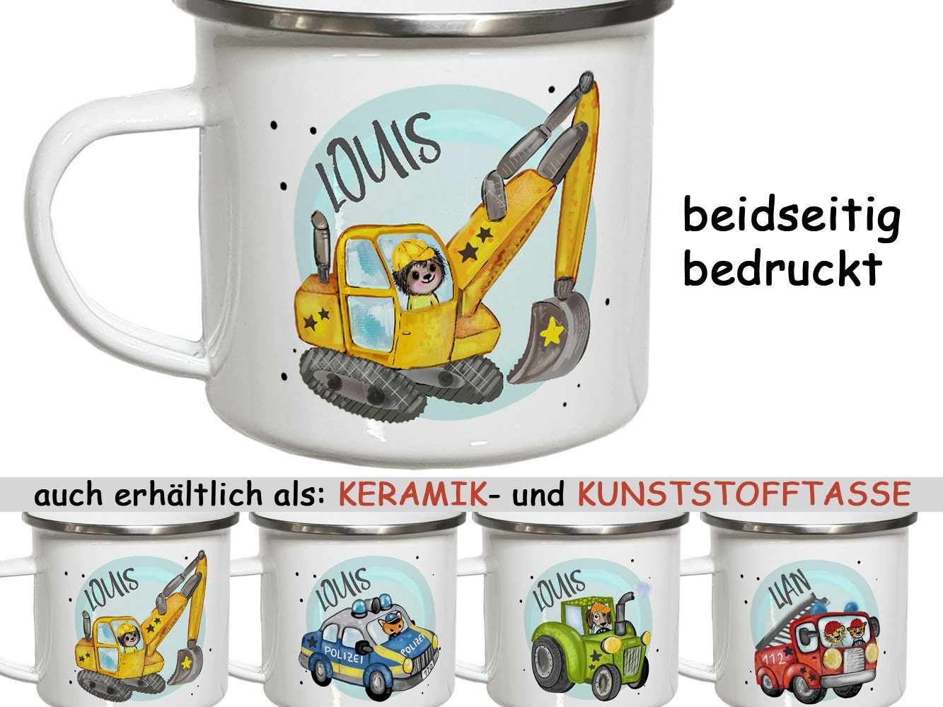 Kindertasse mit Namen Emaille Tasse Kinder Geschenke Geburtstag Weihnachtsgeschenk Polizei Feuerwehr Traktor Bagger auch als Keramiktasse
