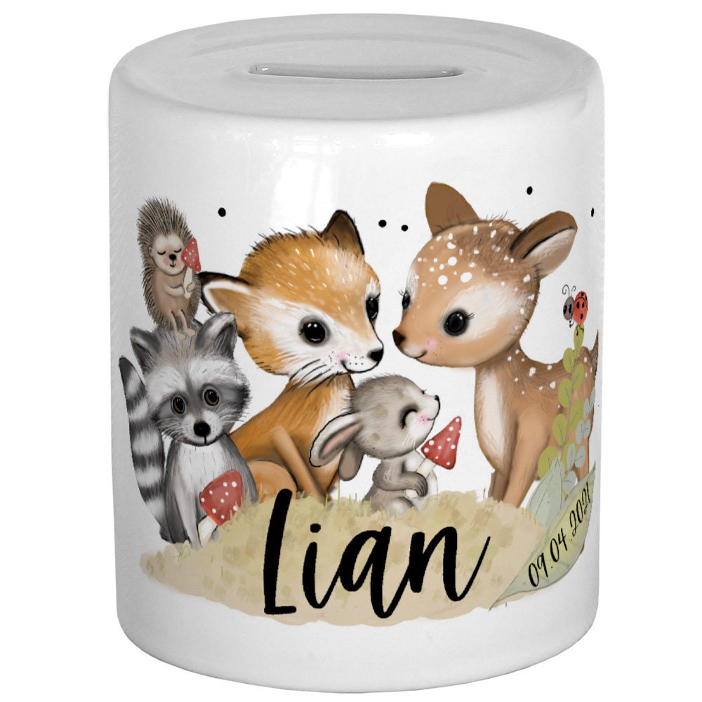 Spardose personalisiert Geschenk zur Geburt Waldtiere Sparschwein Geldgeschenk Sparbüchse Weihnachten Weihnachtsgeschenk Geburtstagsgeschenk