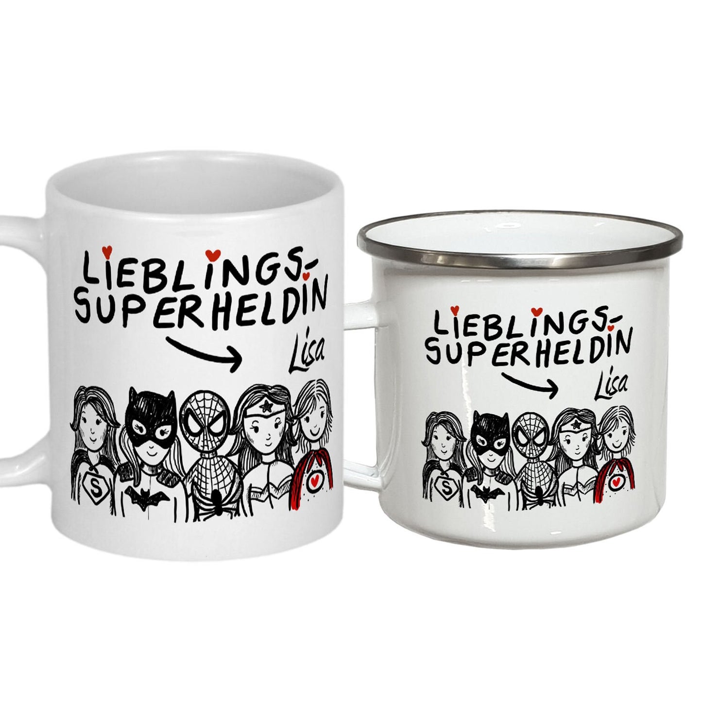 Emaille Becher Superheldin Campingtasse Emailletasse Frauengeschenke Geschenke für Mama Tante Schwester Tasse mit Namen personalisiert