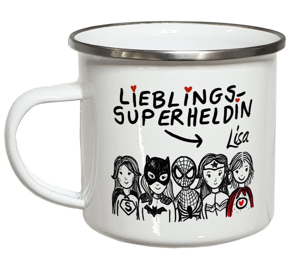 Emaille Becher Superheldin Campingtasse Emailletasse Frauengeschenke Geschenke für Mama Tante Schwester Tasse mit Namen personalisiert