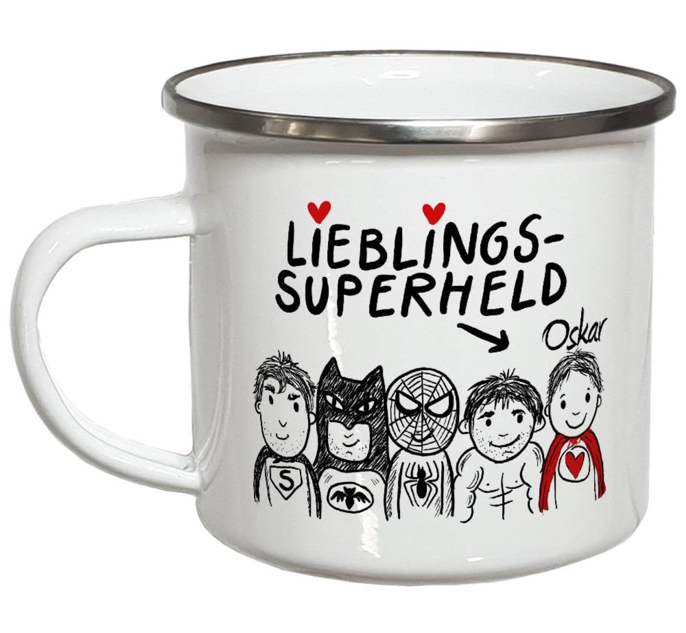 Keramiktasse oder Emaille Becher Superhelden Campingtasse Emailletasse Männergeschenke Geschenke für Papa Väter Onkel Bruder