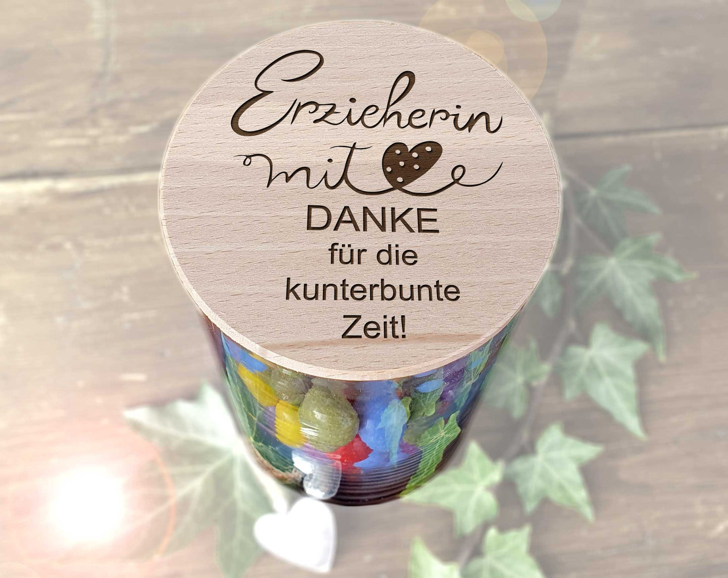 Abschiedsgeschenk Erzieherin mit Herz XL Glasbehälter mit Deckel Holz Gravur Dankeschön Geschenke für Erzieher Kita Abschied Kindergarten