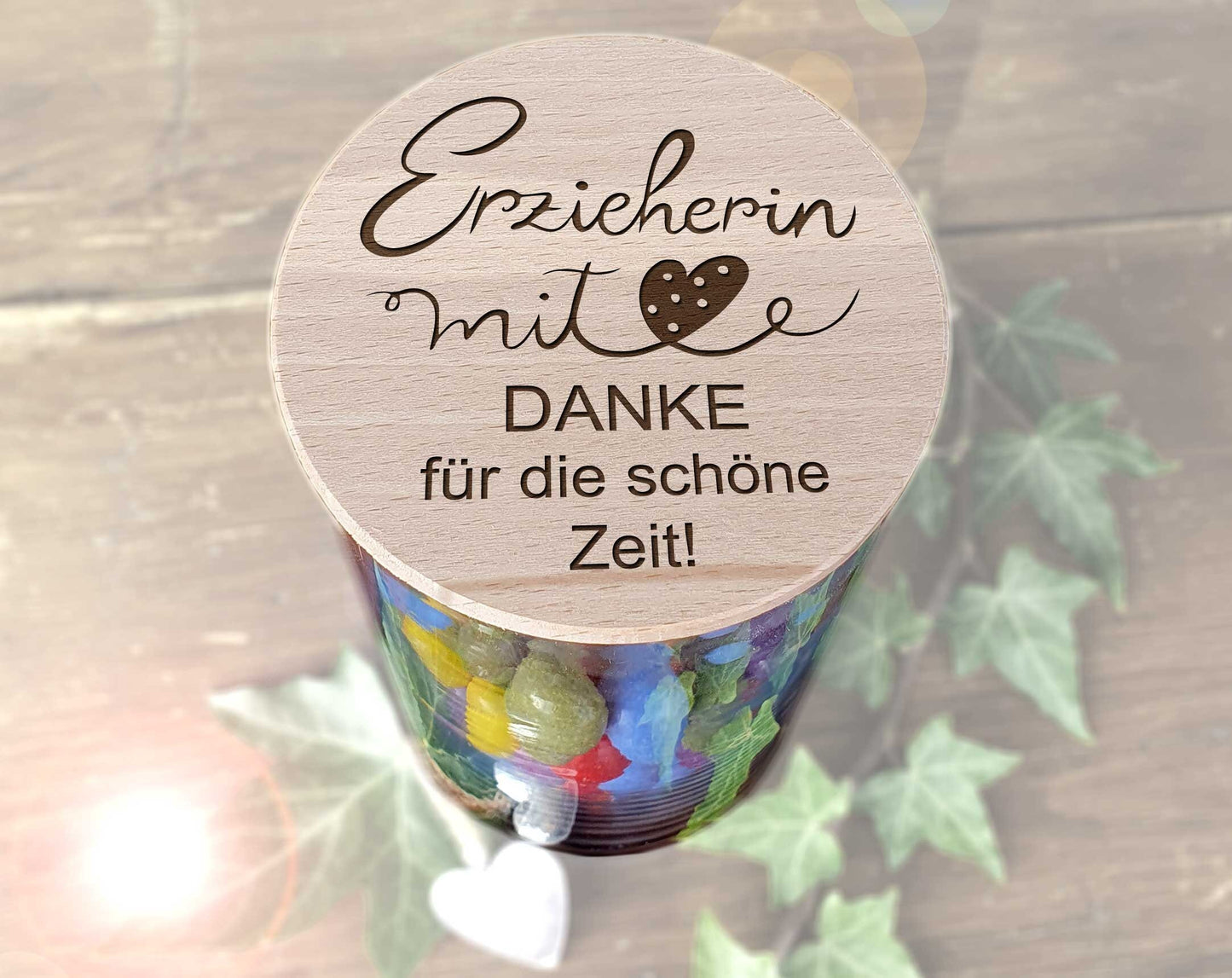 Abschiedsgeschenk Erzieherin mit Herz XL Glasbehälter mit Deckel Holz Gravur Dankeschön Geschenke für Erzieher Kita Abschied Kindergarten