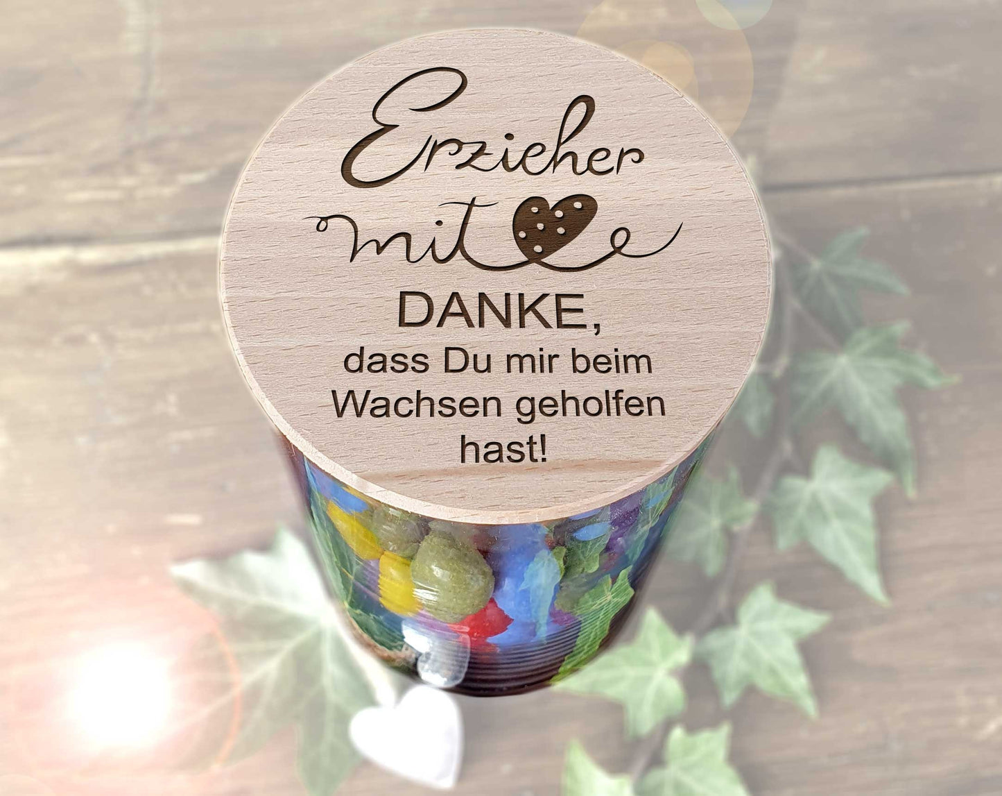 Abschiedsgeschenk Erzieherin mit Herz XL Glasbehälter mit Deckel Holz Gravur Dankeschön Geschenke für Erzieher Kita Abschied Kindergarten