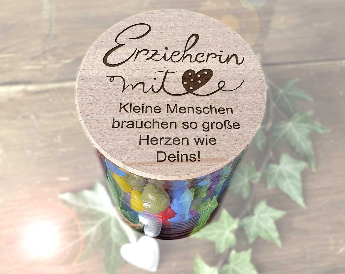 Abschiedsgeschenk Erzieherin mit Herz XL Glasbehälter mit Deckel Holz Gravur Dankeschön Geschenke für Erzieher Kita Abschied Kindergarten