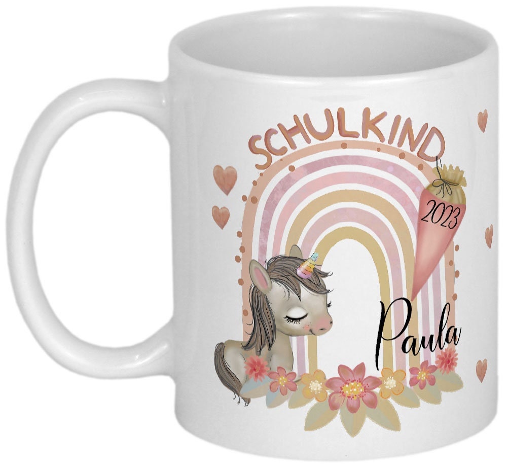 Geschenk Einschulung Mädchen Tasse Schulkind mit Einhorn und Regenbogen Schulanfang PERSONALISIERT