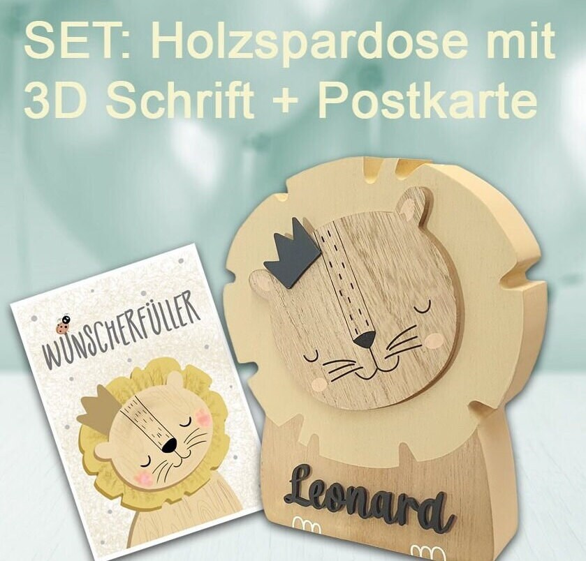 Personalisierte Spardose Holz + Wunscherfüller Karte Geldgeschenk Geburt Taufe Baby Geburtstag Weihnachten Löwe Kinderspardose Spardose Kind