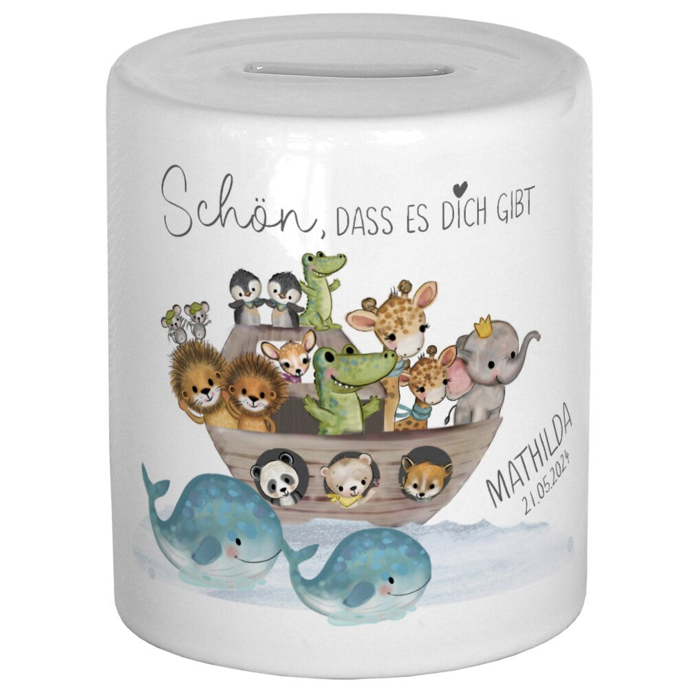 Taufgeschenk Spardose Kind Geldgeschenk Taufe Geschenke Babygeschenke Baby Geschenk personalisiert Arche Noah Geburt Geschenke Schön dass es