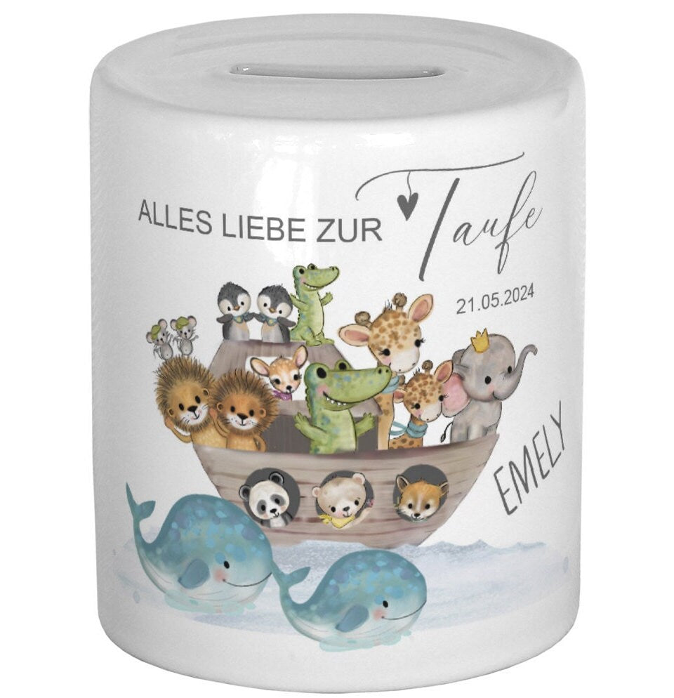 Taufgeschenk Spardose Kind Geldgeschenk Taufe Geschenke Babygeschenke Baby Geschenk personalisiert Arche Noah Geburt Geschenke Schön dass es