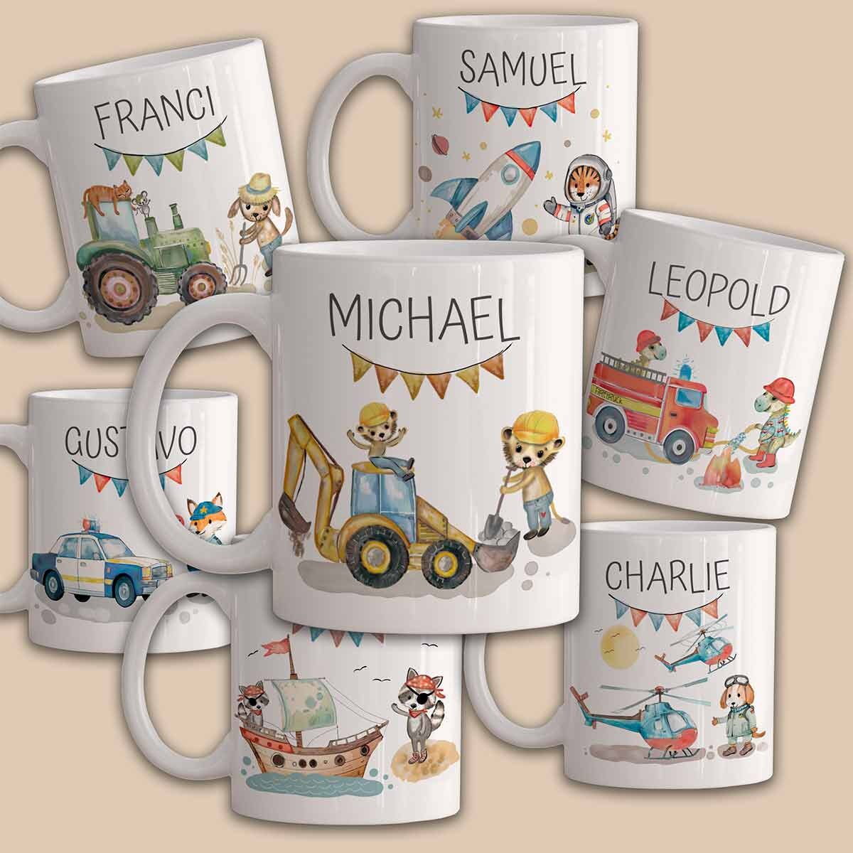Tasse Kinder Geschenk Feuerwehr Bagger Traktor Pirat Polizei