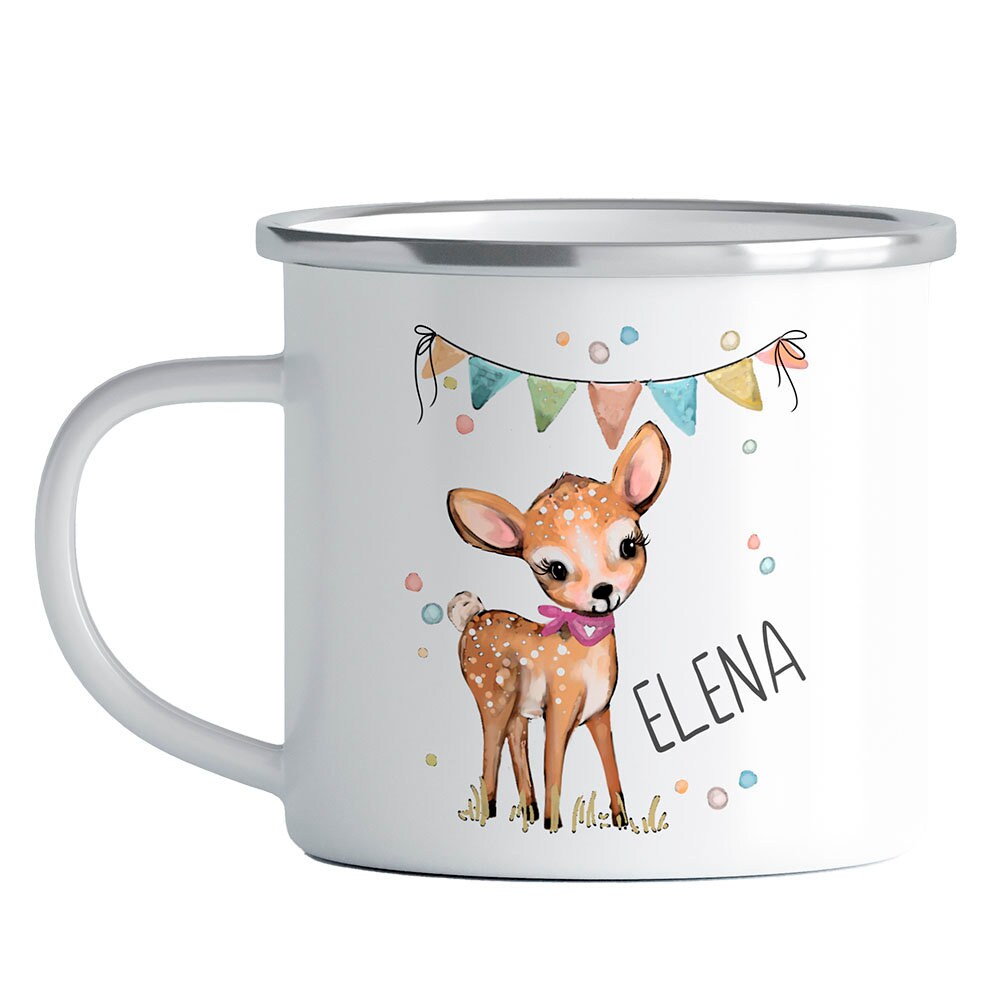 Emaille Tasse Personalisiert - Kindertasse Reh, Dino, Einhorn - als Geburtstagsgeschenk, Weihnachtstasse, Kita, Kindergarten Kinder Geschenk