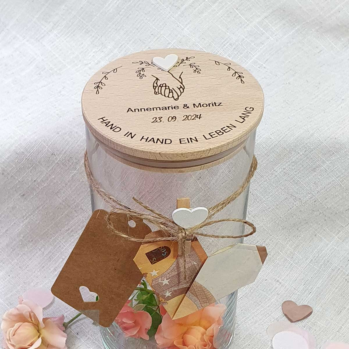 schönes Hochzeitsgeschenk personalisiertes Vorratsglas als Geldgeschenk