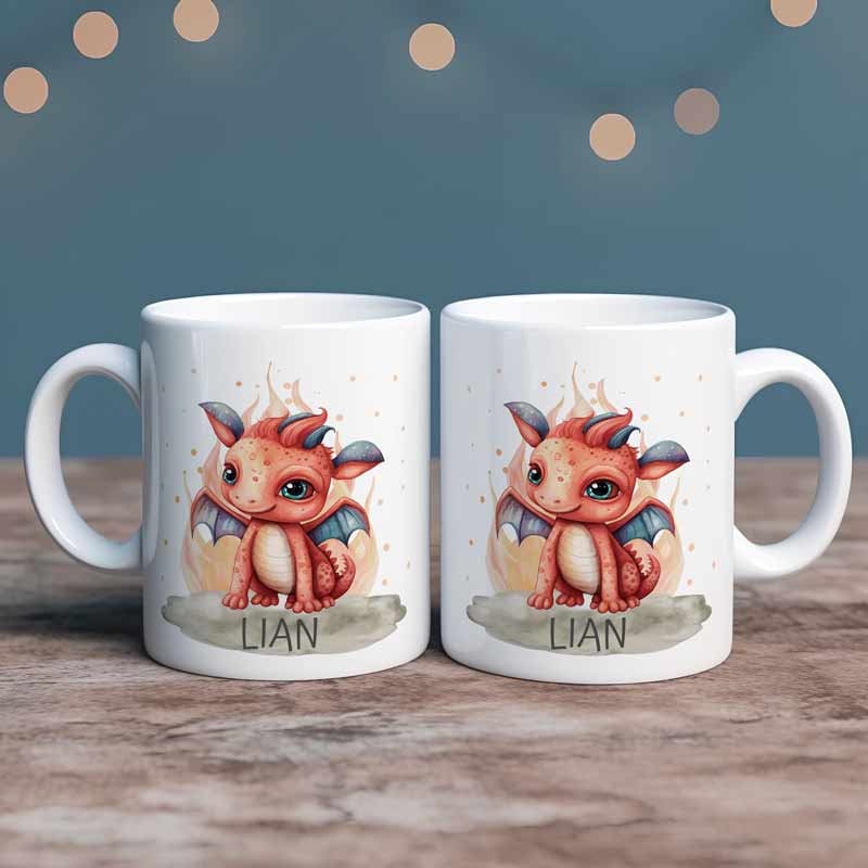 Personalisierte Kindertasse, Emaille Tasse Kinder Geschenk - roter Drache, Einhorn Geschenkidee Regenbogen, Geburtstag o. Weihnachtsgeschenk