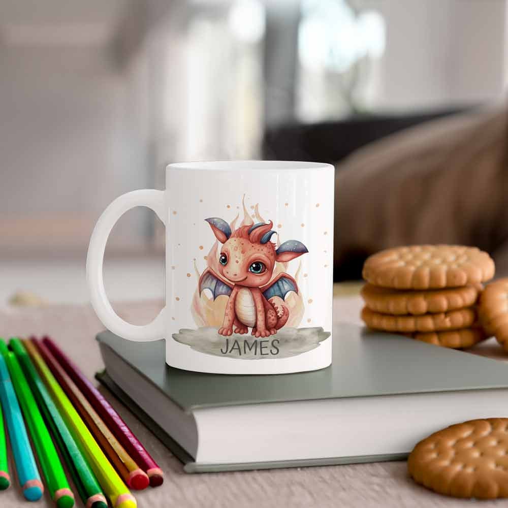 Personalisierte Kindertasse, Emaille Tasse Kinder Geschenk - roter Drache, Einhorn Geschenkidee Regenbogen, Geburtstag o. Weihnachtsgeschenk