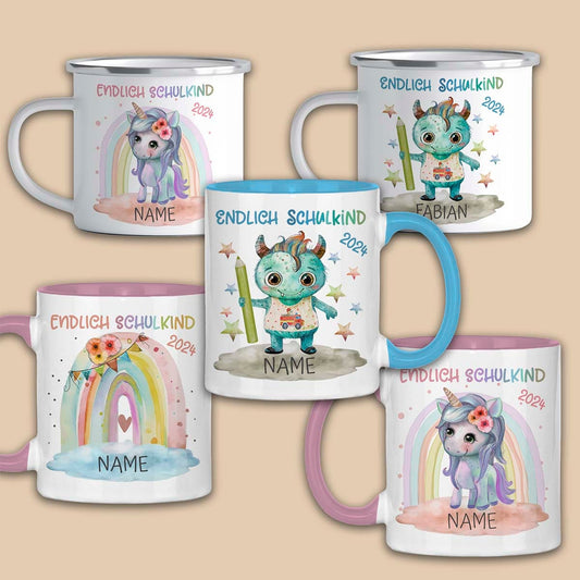 Personalisierte Kindertasse als Emaille Tasse & Keramik – Einhorn, Monster, Regenbogen – Kinder Geschenk Einschulung, Geburtstag Weihnachten