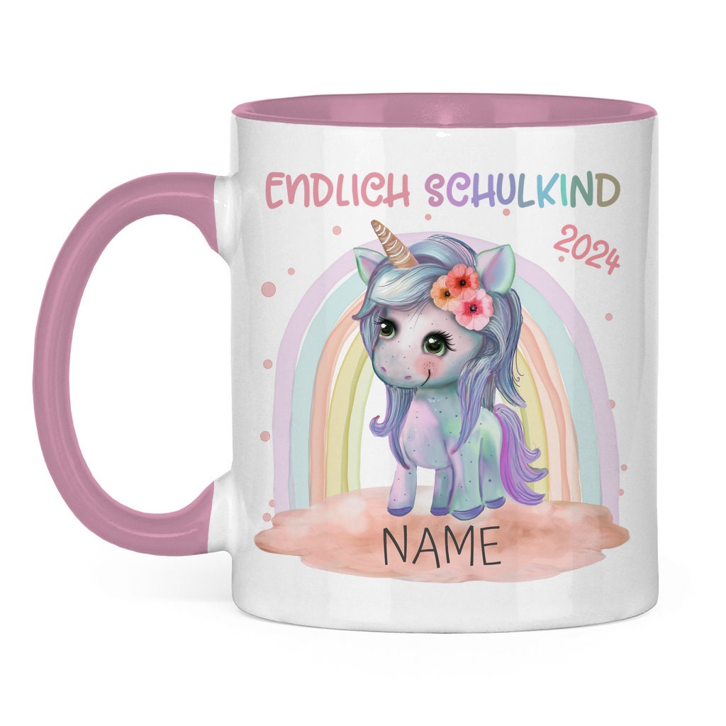 Personalisierte Kindertasse als Emaille Tasse & Keramik – Einhorn, Monster, Regenbogen – Kinder Geschenk Einschulung, Geburtstag Weihnachten