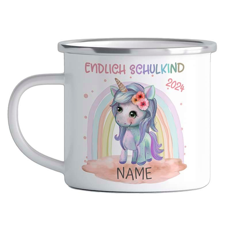 Personalisierte Kindertasse als Emaille Tasse & Keramik – Einhorn, Monster, Regenbogen – Kinder Geschenk Einschulung, Geburtstag Weihnachten