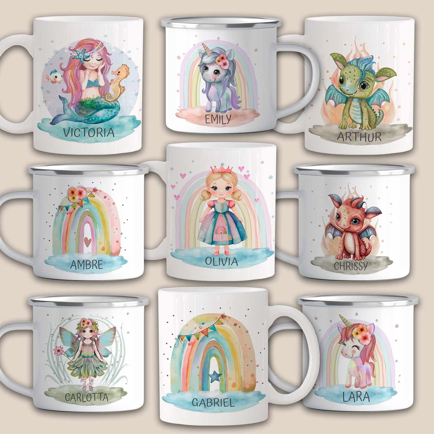 Personalisierte Kindertasse, Emaille Tasse Kinder Geschenk - roter Drache, Einhorn Geschenkidee Regenbogen, Geburtstag o. Weihnachtsgeschenk