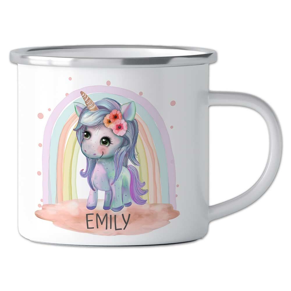 Personalisierte Kindertasse, Emaille Tasse Kinder Geschenk - roter Drache, Einhorn Geschenkidee Regenbogen, Geburtstag o. Weihnachtsgeschenk