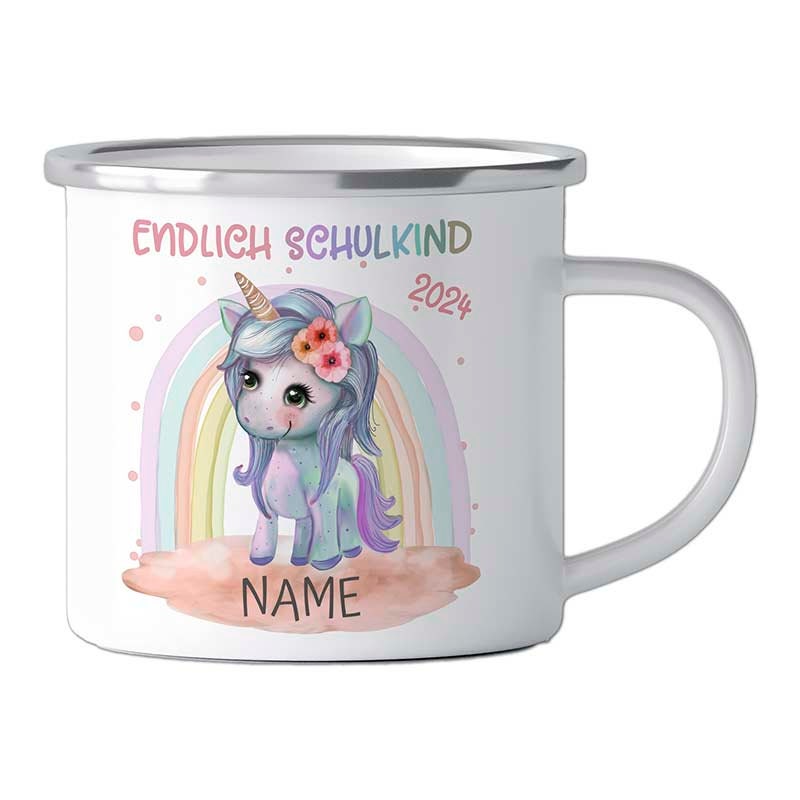 Personalisierte Kindertasse als Emaille Tasse & Keramik – Einhorn, Monster, Regenbogen – Kinder Geschenk Einschulung, Geburtstag Weihnachten