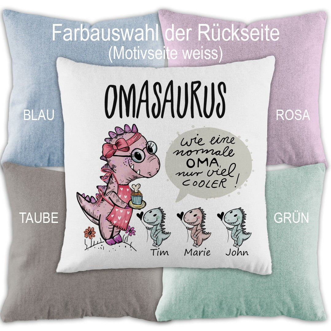 Dekokissen als Oma Geschenk personalisiert – lustige Kissenhülle mit Füllung, Geburtstagsgeschenk, Weihnachtsgeschenk von Enkeln, Omasaurus