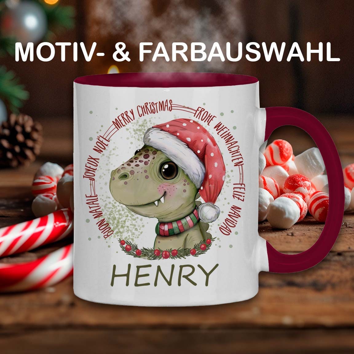 Weihnachtstasse personalisiert, Weihnachten Geschenk, Geschenkidee Nikolaus für Kinder, Tasse mit Namen, Adventskalender Kleinigkeiten, Dino