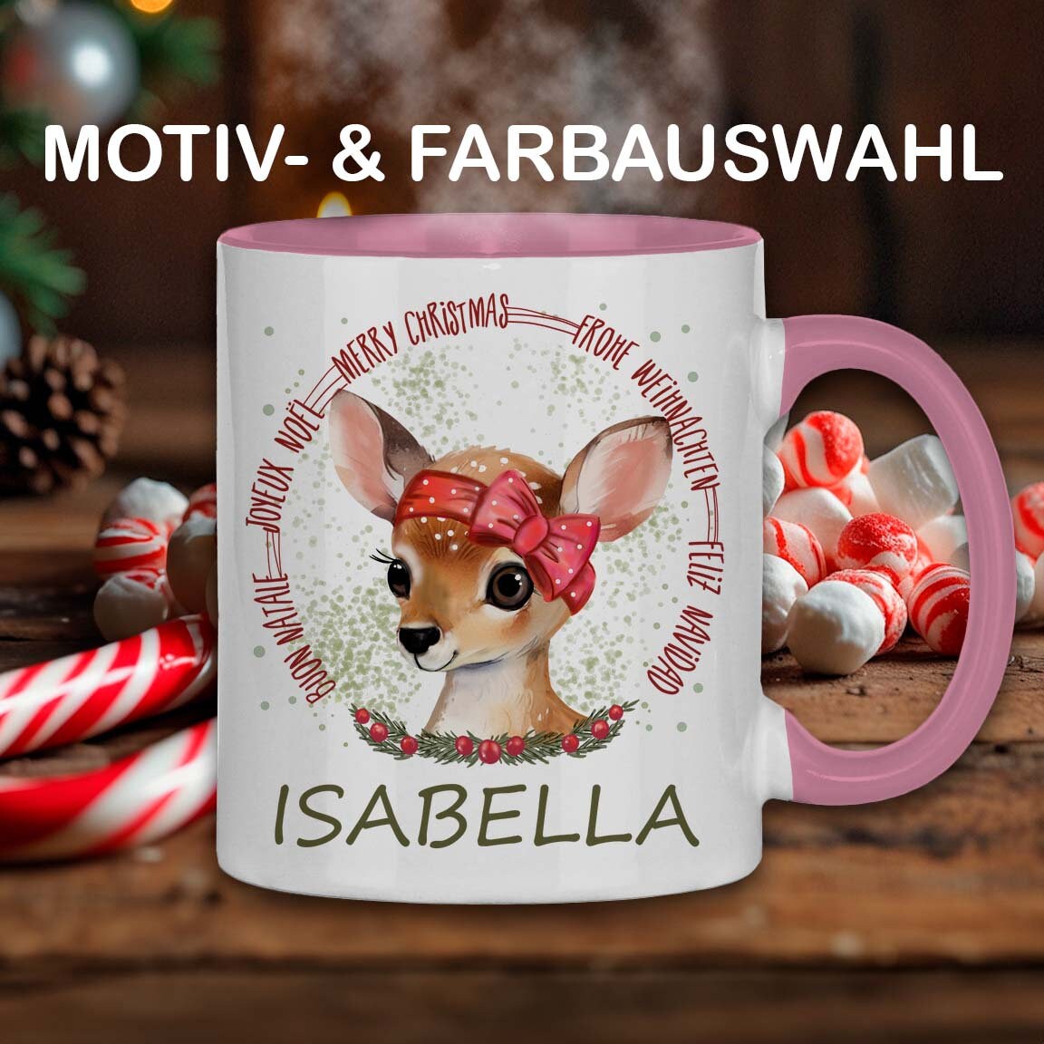 Weihnachtstasse personalisiert, Weihnachten Geschenk, Geschenkidee Nikolaus für Kinder, Tasse mit Namen, Adventskalender Kleinigkeiten, Reh